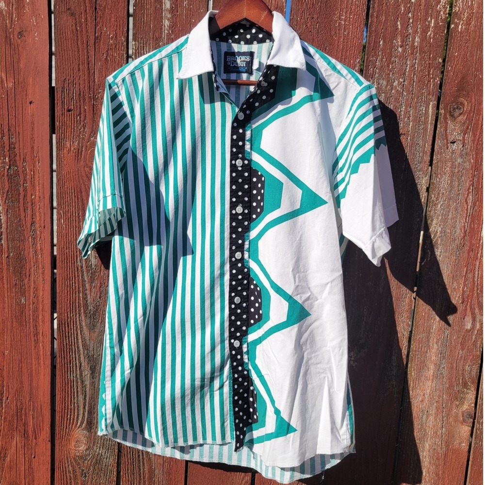 Brooks & Dunn Panhandle Slim Western Shirt Teal Stripe Polka Dot 16.5-35 90s VTG